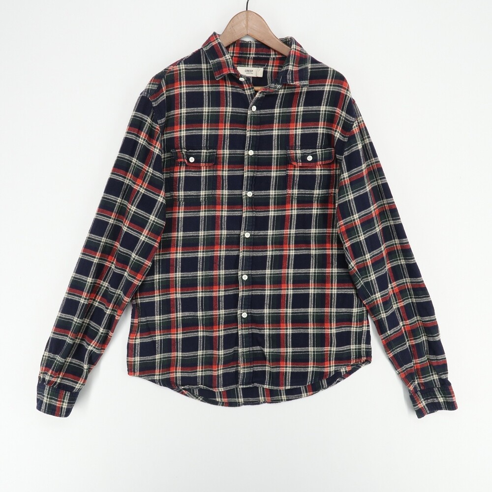 Creep‎ Flannel Shirt Mens XL Navy Blue Plaid Long Sleeve Button Up Hiroshi Awai